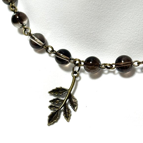 Natural Smoky Quartz Short Necklace, Genuine Gemstone + Cute Bronze Leaf Branch - Picture 1 of 14